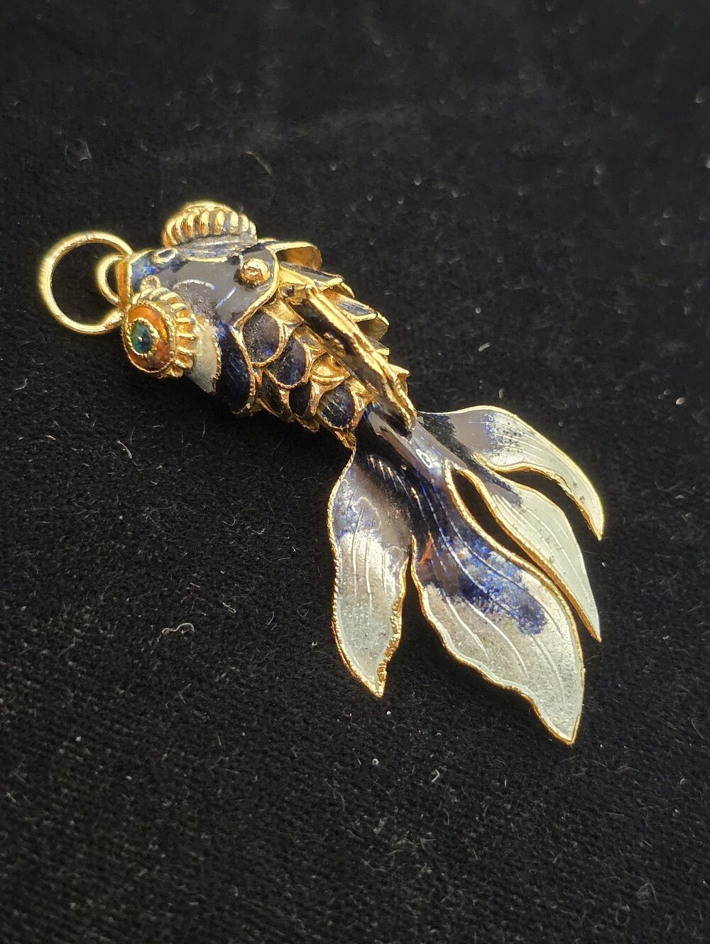 Enamel Carp Koi Fish Pendant Blue White Articulated Vintage